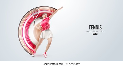 Realistic silhouette of a tennis player on white background. Tennis player woman with racket hits the ball. Vector illustration