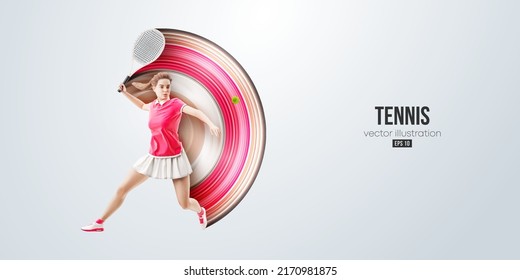 Realistic silhouette of a tennis player on white background. Tennis player woman with racket hits the ball. Vector illustration