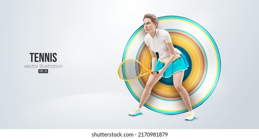 Realistic silhouette of a tennis player on white background. Tennis player woman with racket hits the ball. Vector illustration