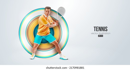 Realistic silhouette of a tennis player on white background. Tennis player man with racket hits the ball. Vector illustration