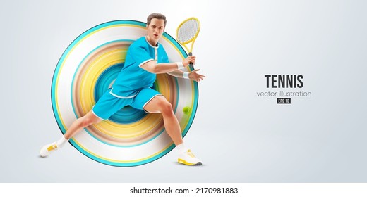 Realistische Silhouette eines Tennisspielers auf weißem Hintergrund. Der Tennisspieler mit Schläger trifft den Ball. Vektorgrafik