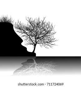 Realistic silhouette of a tree on a cliff(Vector illustration).Eps10