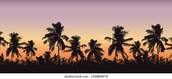 Realistic silhouette of tree tops, palm trees in tropical landscape, with morning orange-pink sky and with space for text - vector