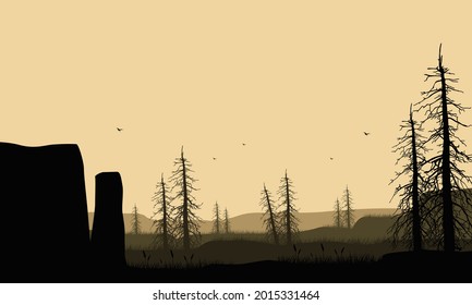 Realistic silhouette view of mountains with pine trees in the morning from the village. Vector illustration of a city