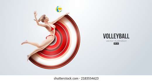 Realistic silhouette of a volleyball player on white background. Volleyball player woman hits the ball. Vector illustration