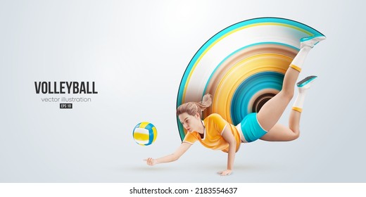 Realistic silhouette of a volleyball player on white background. Volleyball player woman hits the ball. Vector illustration