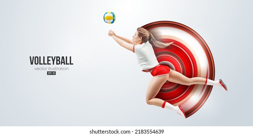 Realistic silhouette of a volleyball player on white background. Volleyball player woman hits the ball. Vector illustration