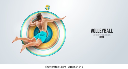 Realistic silhouette of a volleyball player on white background. Volleyball player man hits the ball. Vector illustration