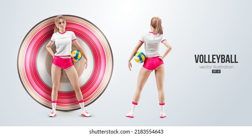 Realistic silhouette of a volleyball player on white background. Volleyball player woman hits the ball. Vector illustration