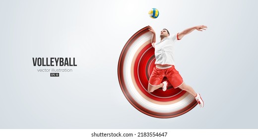 Realistic silhouette of a volleyball player on white background. Volleyball player man hits the ball. Vector illustration