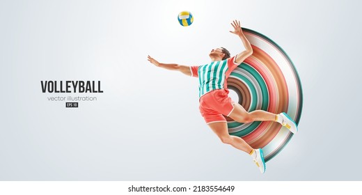 Realistic silhouette of a volleyball player on white background. Volleyball player man hits the ball. Vector illustration - Shutterstock ID 2183554649