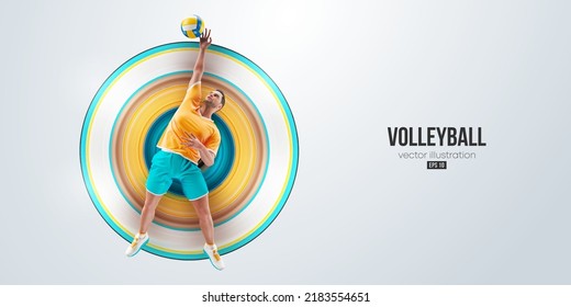 Realistic silhouette of a volleyball player on white background. Volleyball player man hits the ball. Vector illustration