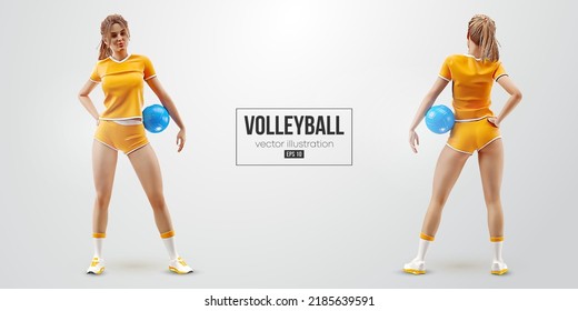 Realistic silhouette of a volleyball player on white background. Volleyball player woman hits the ball. Vector illustration