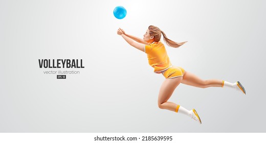 Realistic silhouette of a volleyball player on white background. Volleyball player woman hits the ball. Vector illustration