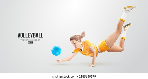 Realistic silhouette of a volleyball player on white background. Volleyball player woman hits the ball. Vector illustration