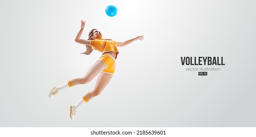 Realistic silhouette of a volleyball player on white background. Volleyball player woman hits the ball. Vector illustration - Shutterstock ID 2185639601