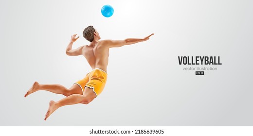 Realistic silhouette of a volleyball player on white background. Volleyball player man hits the ball. Vector illustration