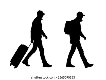 Realistic Silhouette Of Walking Man Tourist With Backpack And Suitcase. Cap On Head. Isolated On White Background - Vector