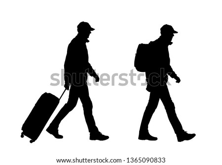 Realistic silhouette of walking man tourist with backpack and suitcase. Cap on head. Isolated on white background - vector