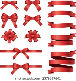 Realistic silk red ribbon and bow illustration vector set.