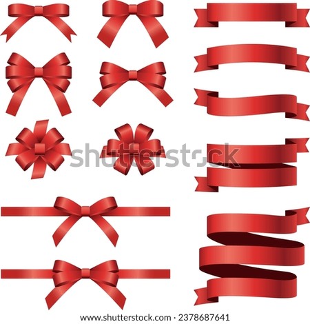 Realistic silk red ribbon and bow illustration vector set.