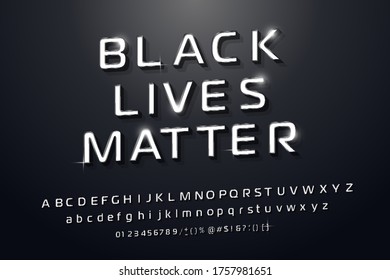 Realistic Silver alphabet. A set of silver letters isolated on a black background. Vector Illustration of Black olives matter banner for protest, against racial discrimination of dark skin color.