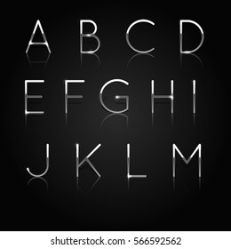 Realistic Silver alphabet. Set of silver letters isolated on black background. Vector Illustration