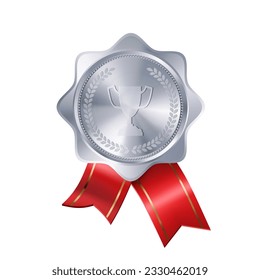 Realistic silver award medal with red ribbons and engraved winner's cup. Premium badge for winners and achievements.