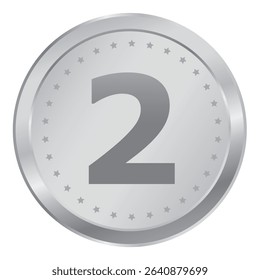 Realistic silver award medal for second place. 2nd place button or badge isolated on a white background. Label or emblem for sports competitions, achievements, and event.