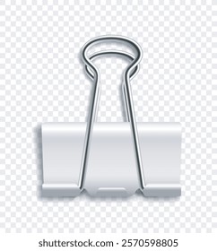 Realistic silver binder clip on transparent background, showcasing its metallic finish and practical design. Concept of office tool and organization. Vector illustration
