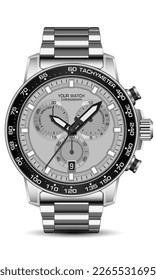 Realista reloj negro plateado cronógrafo correa de cara sobre el diseño de fondo blanco lujo moderno para hombres ilustración vectorial de moda.