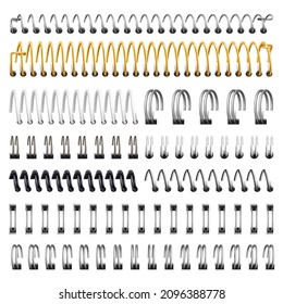 Realistic silver, black and golden notebook iron spirals. Notebook, organiser iron spirals vector illustration set. Wired sketchbook or calendar spirals. Ring binders for album or folder