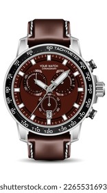 Realistic silver black watch chronograph brown face leather strap on white background design modern luxury for men fashion vector illustration.