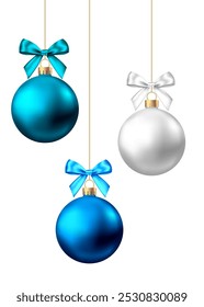 Realistic   silver, blue  Christmas  balls  with bow on white background.  New Year bauble. Vector  Xmas  tree decoration.