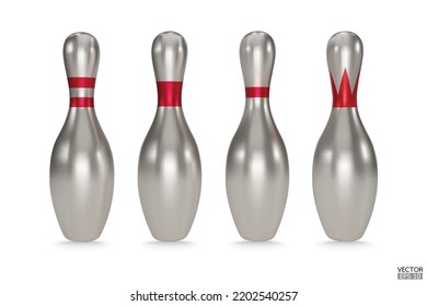 Realistic silver bowling pins with red stripes isolated on white background. Metal Bowling icon. 3D vector illustration.