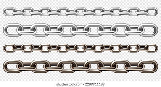 Realistic silver and brown metal chain with old rusty links. Heavy steel chain for industrial use. Vector illustration