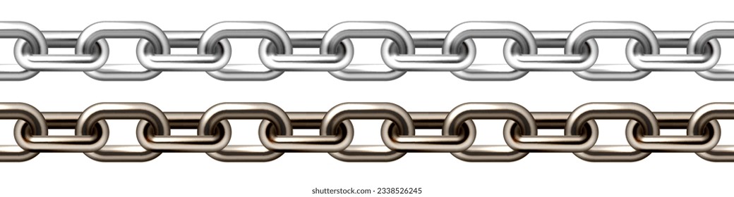 Realistic silver and brown metal chain with old rusty links isolated on white background. Heavy steel chain for industrial use. Vector illustration