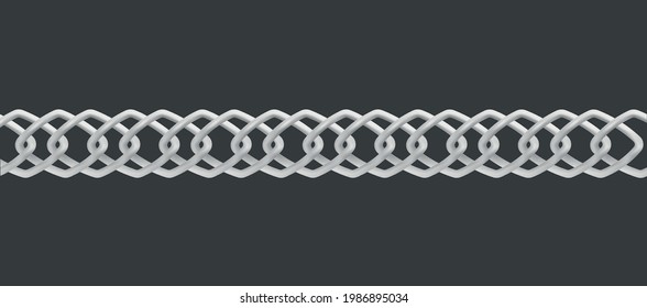 Realistic silver chain with diamond shaped large links isolated on dark background. Steel metal jewelry element with unusual shape. Vector illustration.