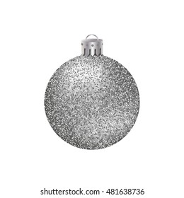 Realistic Silver Christmas Ball Or Bauble With Glitter Texture Isolated On White Background.