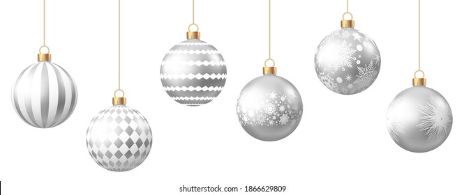 Realistic  silver   Christmas  balls  with pattern  isolated on white background. Xmas  tree decoration. Vector bauble.