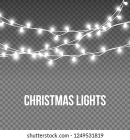 Realistic Silver Christmas Lights bulbs isolated on transparent background. Glowing lights for Christmas Holiday cards.  New Year Garlands  decorations , banners, posters, web design. 