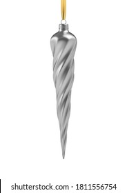 Realistic silver Christmas tree toy in the form of a icicle, spiral. 3D Illustration object for christmas design, mockup. Vector isolated on a white background.