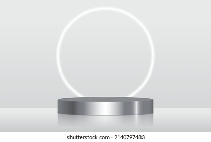 Realistic silver chrome blank product podium scene isolated with round neon light on background. Iron cylinder mock up scene. Geometric metallic round shape for product branding. 3d illustration