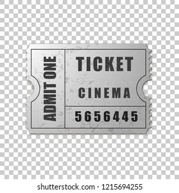 Realistic silver cinema ticket isolated object on transparent background. Cinema, theater, concert, movie, performance, party, event festival ticket template. Admit one. Vector Illustration