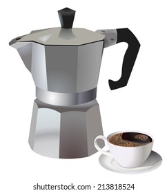 Realistic silver coffee maker, espresso machine - italian style, with ceramic cup of black cafe. vector art image illustration, isolated on white background