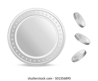 Realistic silver coins vector set. Blank coin with shadow. Front view.