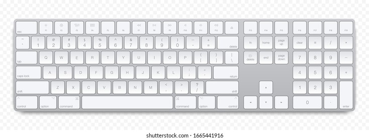  Realistic Silver color computer bluetooth keyboard on transparent background. Vector illustration