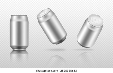 Realistic silver colored aluminium cans vector set. Beer, soda, juice, lemonade, energy drink mockups isolated on transparent background.