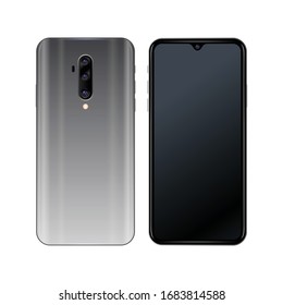 Realistisches silberfarbenes Smartphone mit 3 Kameraobjektiv.