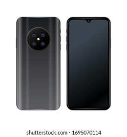 Realistic silver colour smartphone with 4 camera lens. Smartphone mockup design.